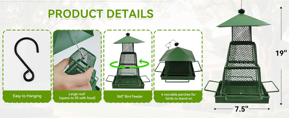 OUISJYER Metal Hanging Bird Feeder – 360° Mesh with 4 Perches