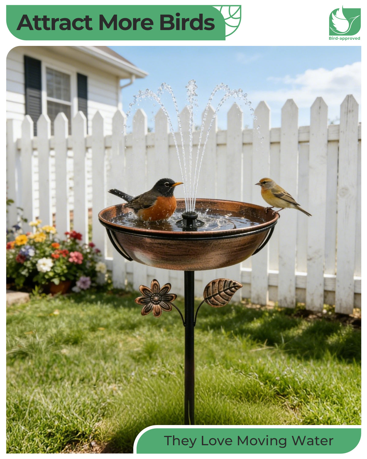 OUISJYER Metal Bird Bath with Solar Fountain & LED Lights – 12 Inch