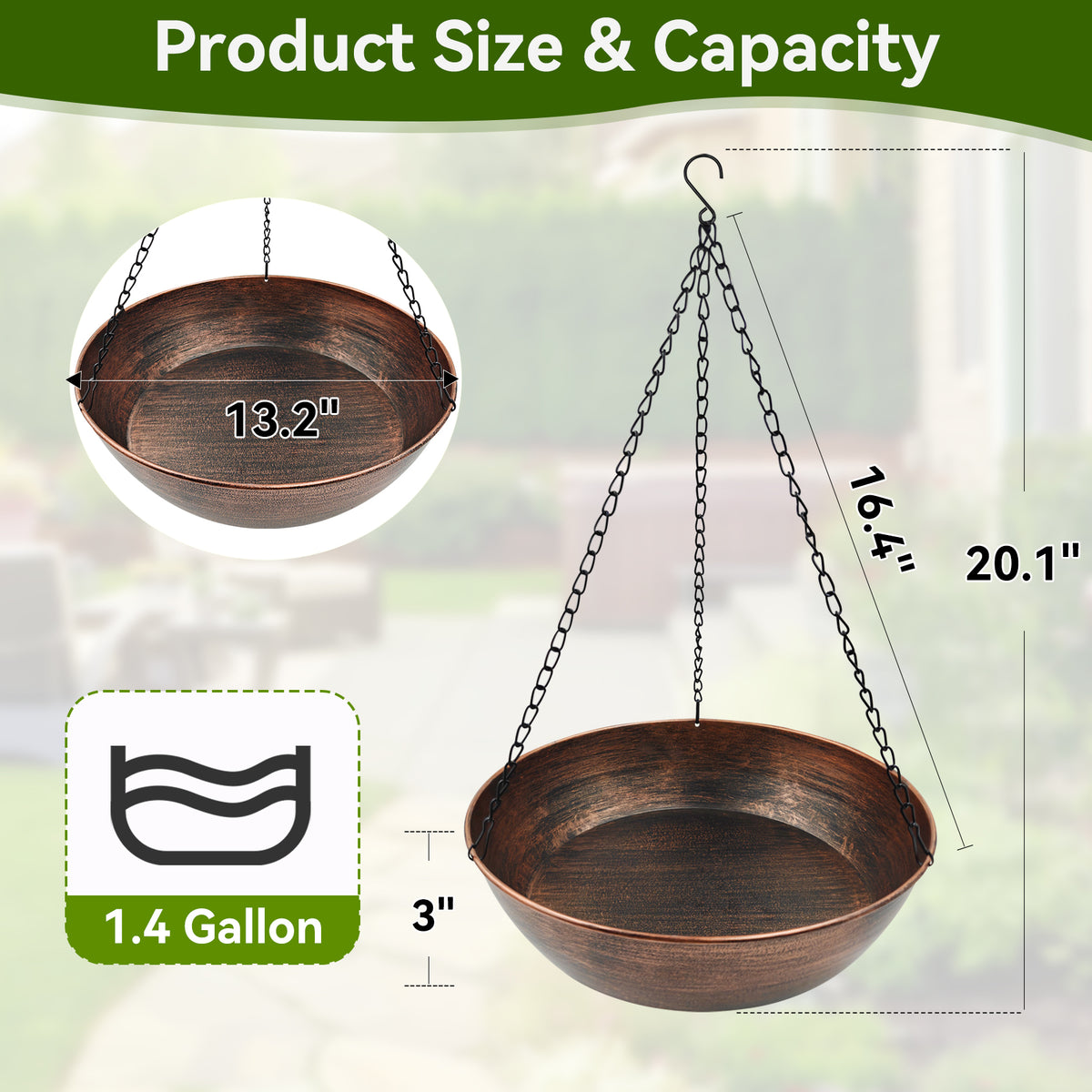 OUISJYER Hanging Metal Bird Bath with Chains & Hook – 13 Inch