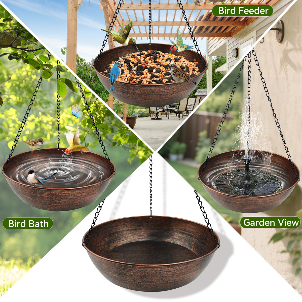OUISJYER Hanging Metal Bird Bath with Chains & Hook – 13 Inch