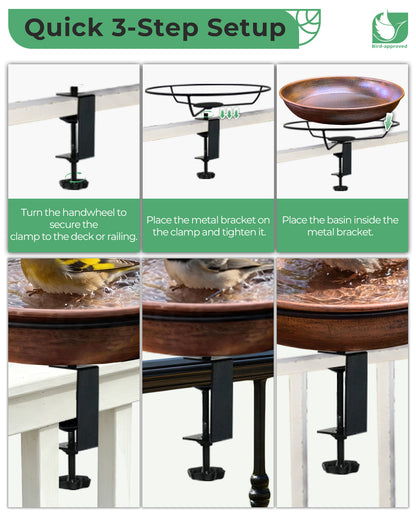 OUISJYER Deck-Mounted Bird Bath with Adjustable Clamp – 12 Inch