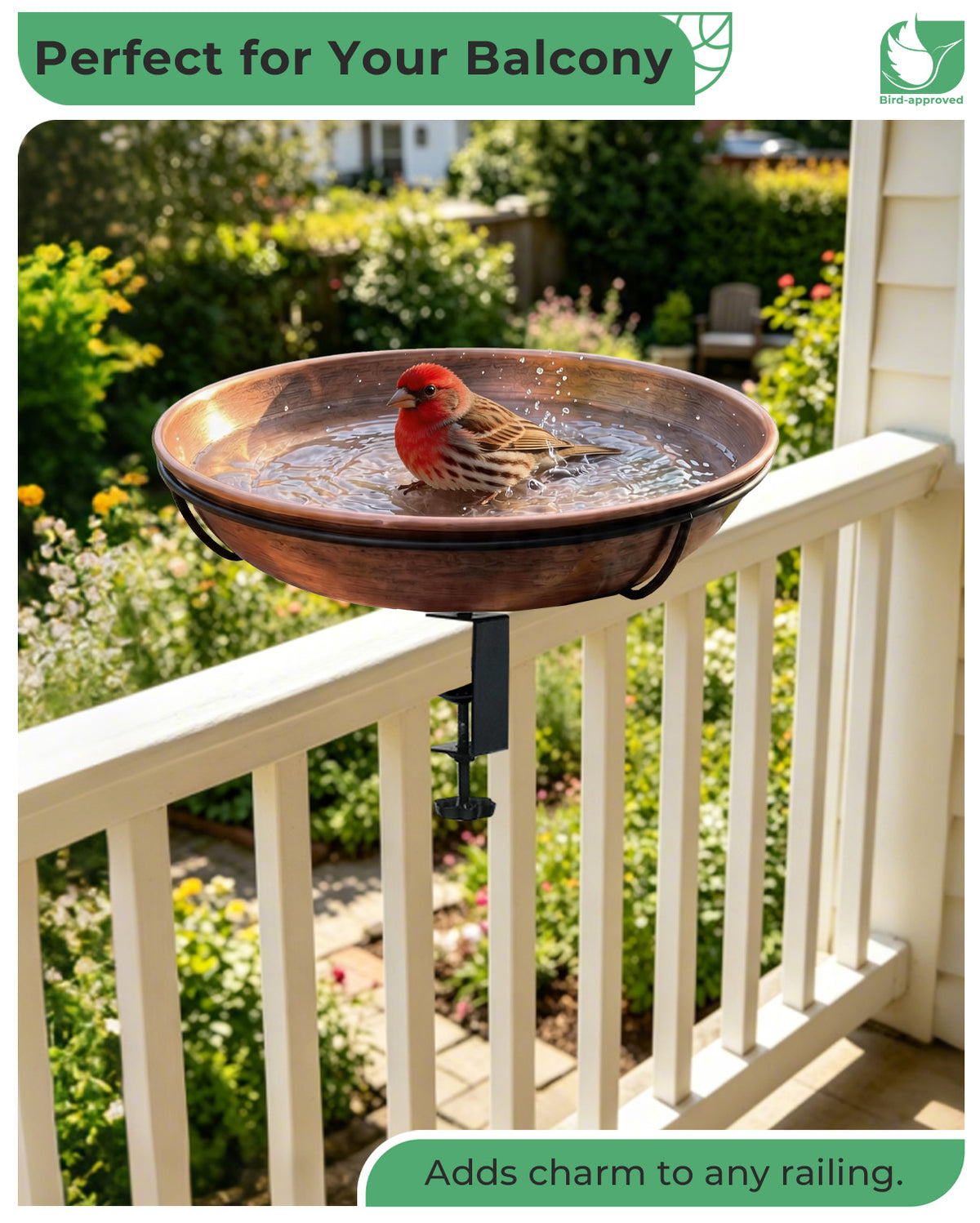 OUISJYER Deck-Mounted Bird Bath with Adjustable Clamp – 12 Inch