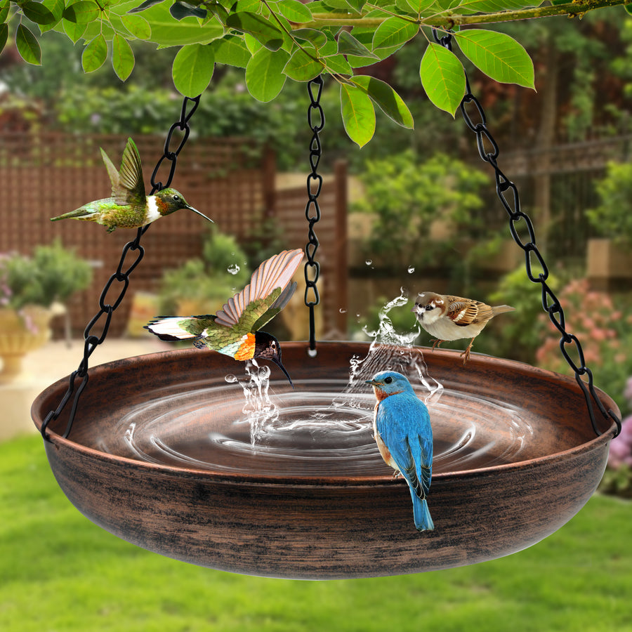 OUISJYER Small Hanging Metal Bird Bath with Chains – 10 Inch