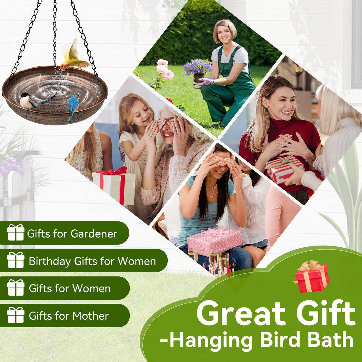 OUISJYER Small Hanging Metal Bird Bath with Chains – 10 Inch