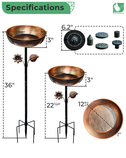 OUISJYER Metal Bird Bath with Solar Fountain & LED Lights – 12 Inch