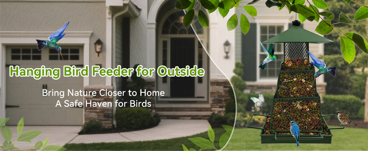 OUISJYER Metal Hanging Bird Feeder – 360° Mesh with 4 Perches