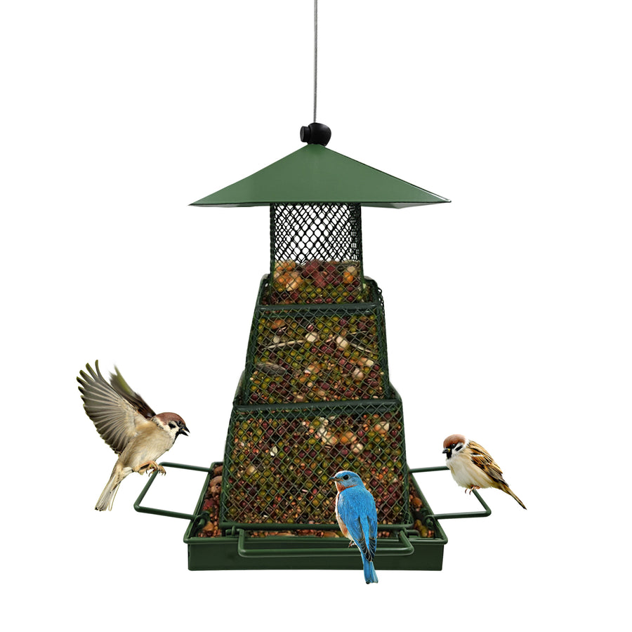 OUISJYER Metal Hanging Bird Feeder – 360° Mesh with 4 Perches