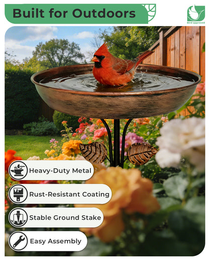 OUISJYER 12-inch Metal Bird Bath for Outside with Stake