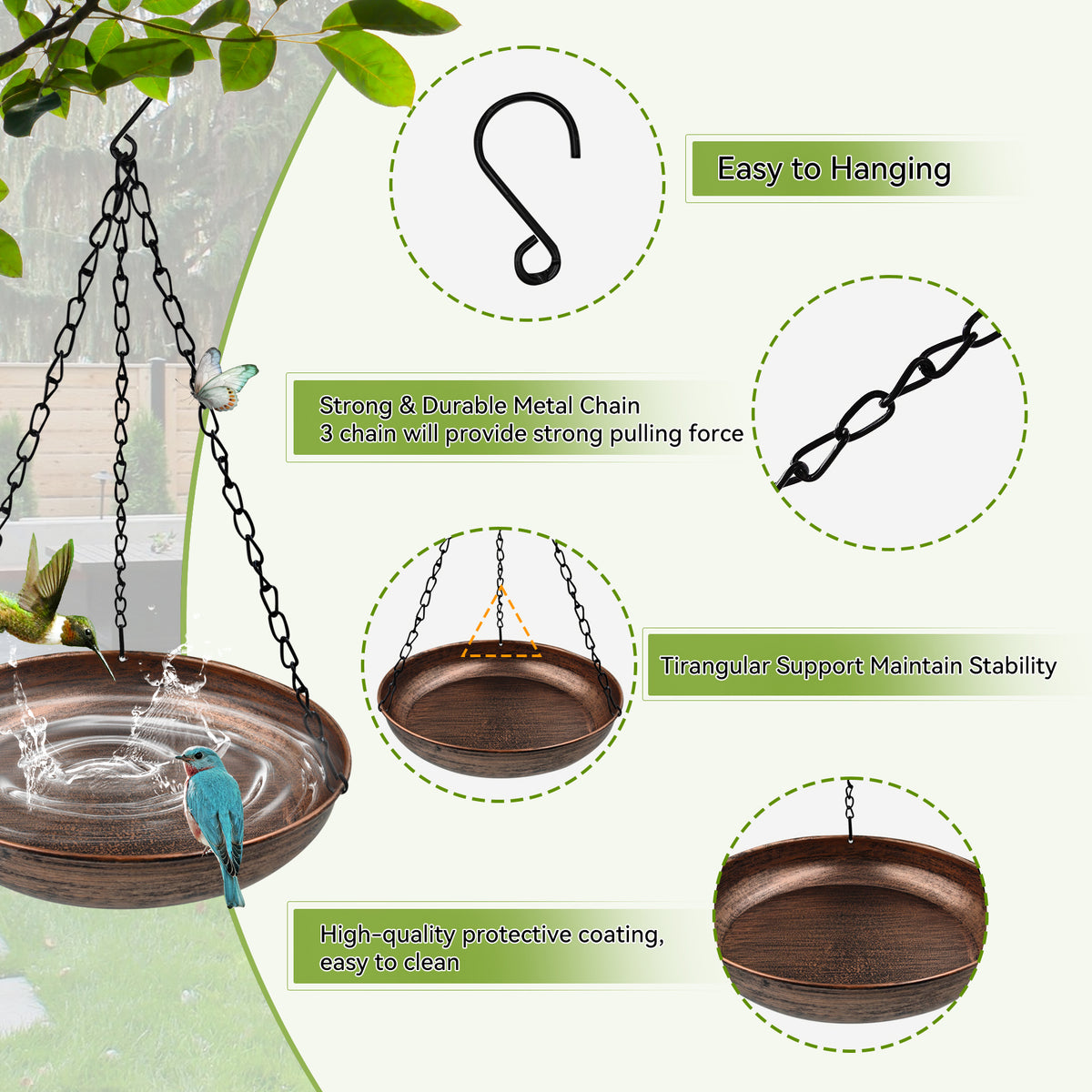OUISJYER Small Hanging Metal Bird Bath with Chains – 10 Inch