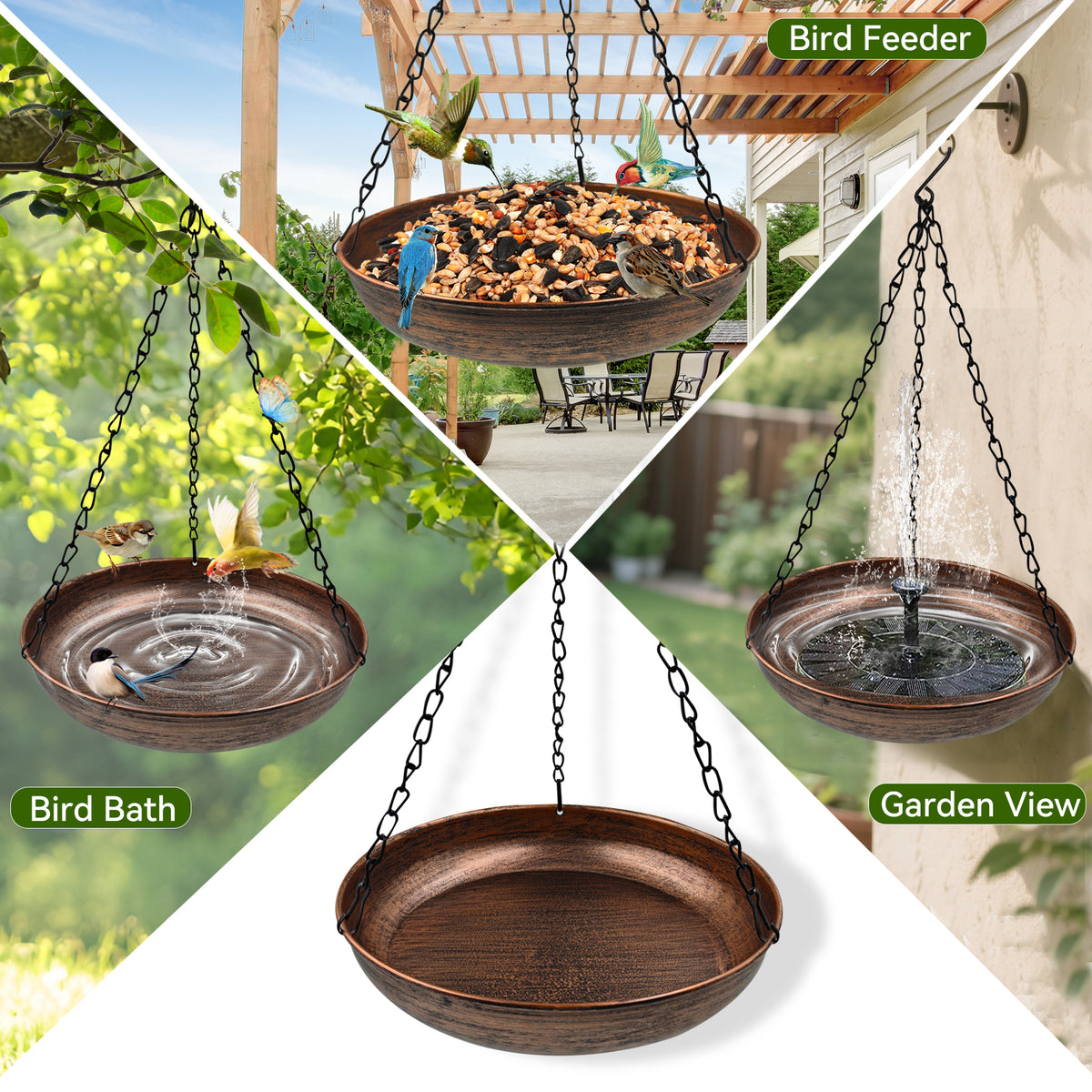 OUISJYER Small Hanging Metal Bird Bath with Chains – 10 Inch