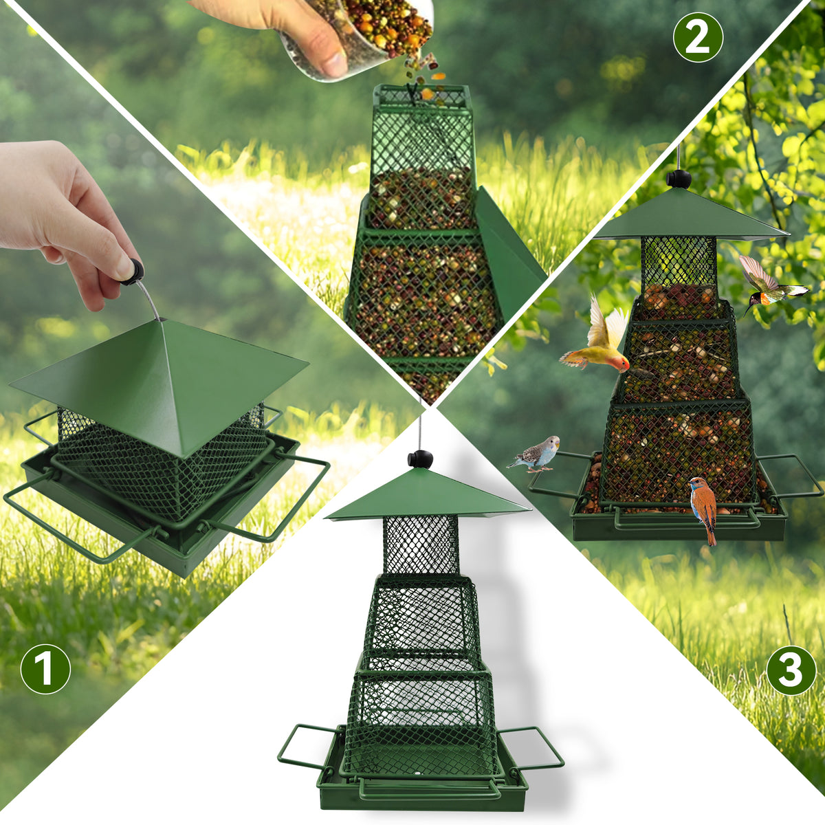 OUISJYER Metal Hanging Bird Feeder – 360° Mesh with 4 Perches