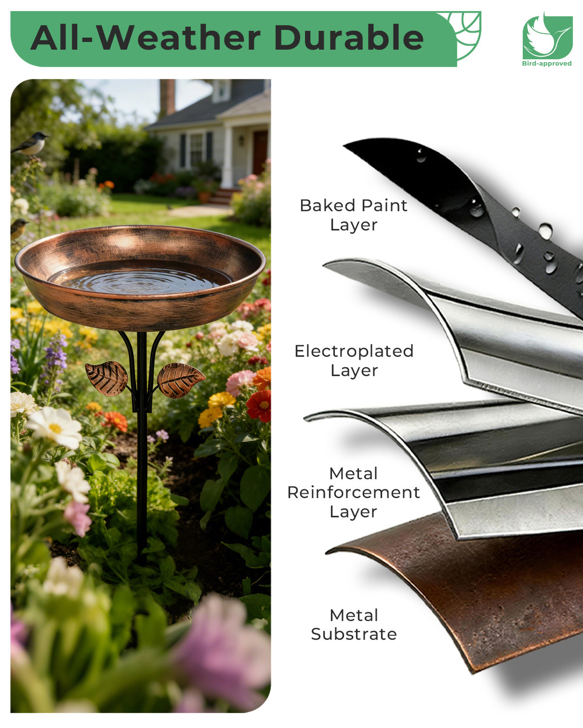 OUISJYER 12-inch Metal Bird Bath for Outside with Stake