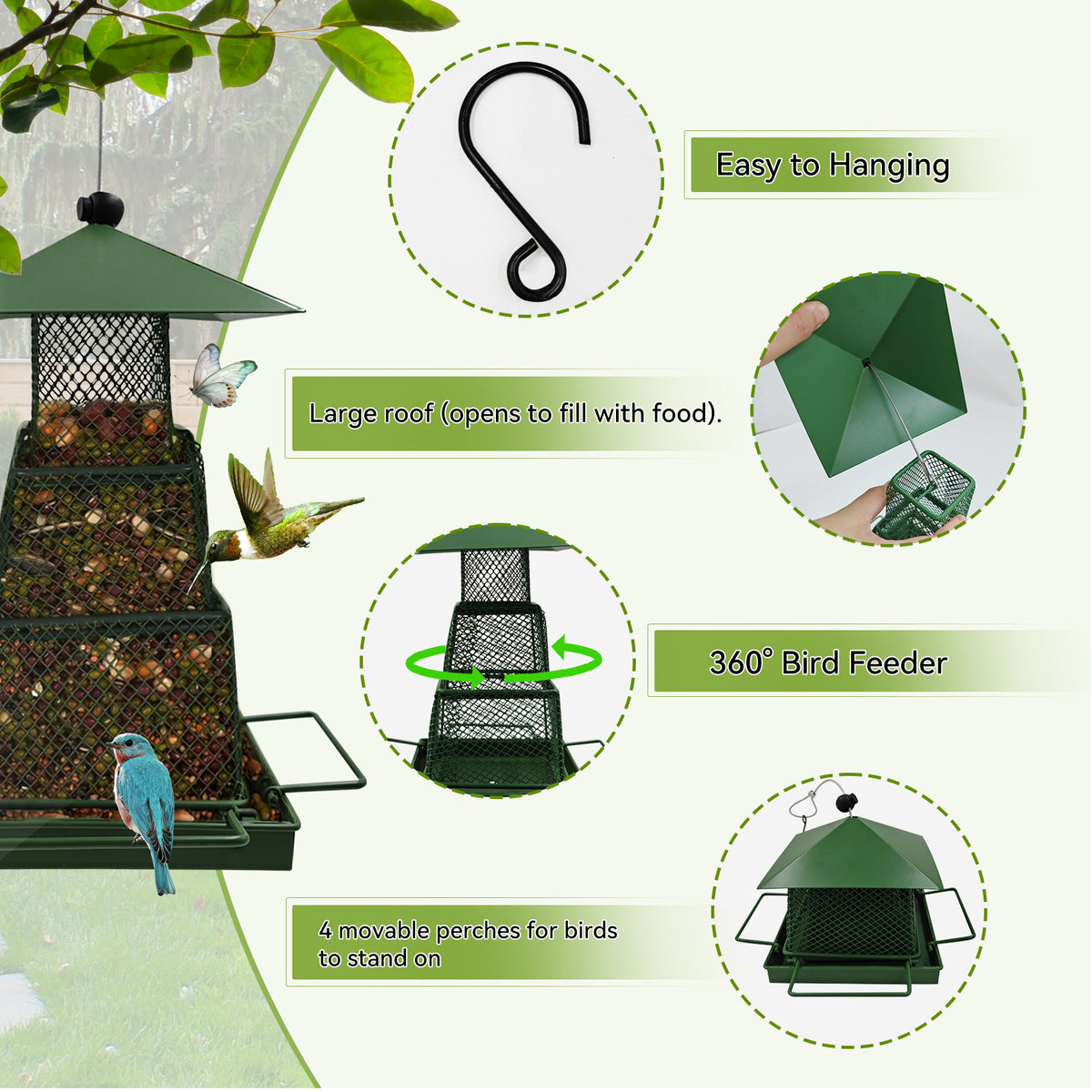 OUISJYER Metal Hanging Bird Feeder – 360° Mesh with 4 Perches