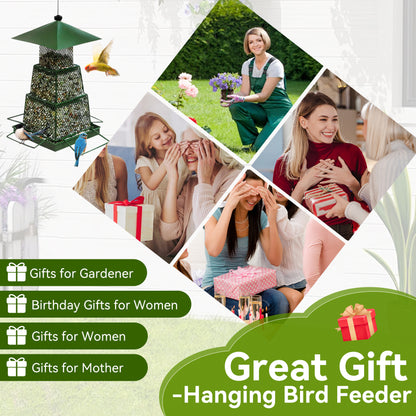 OUISJYER Metal Hanging Bird Feeder – 360° Mesh with 4 Perches