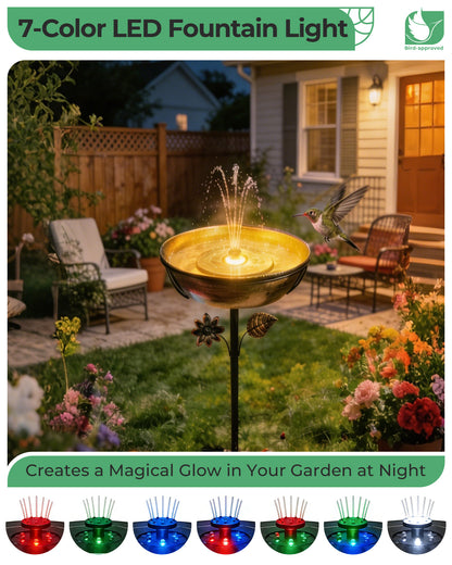 OUISJYER Metal Bird Bath with Solar Fountain & LED Lights – 12 Inch