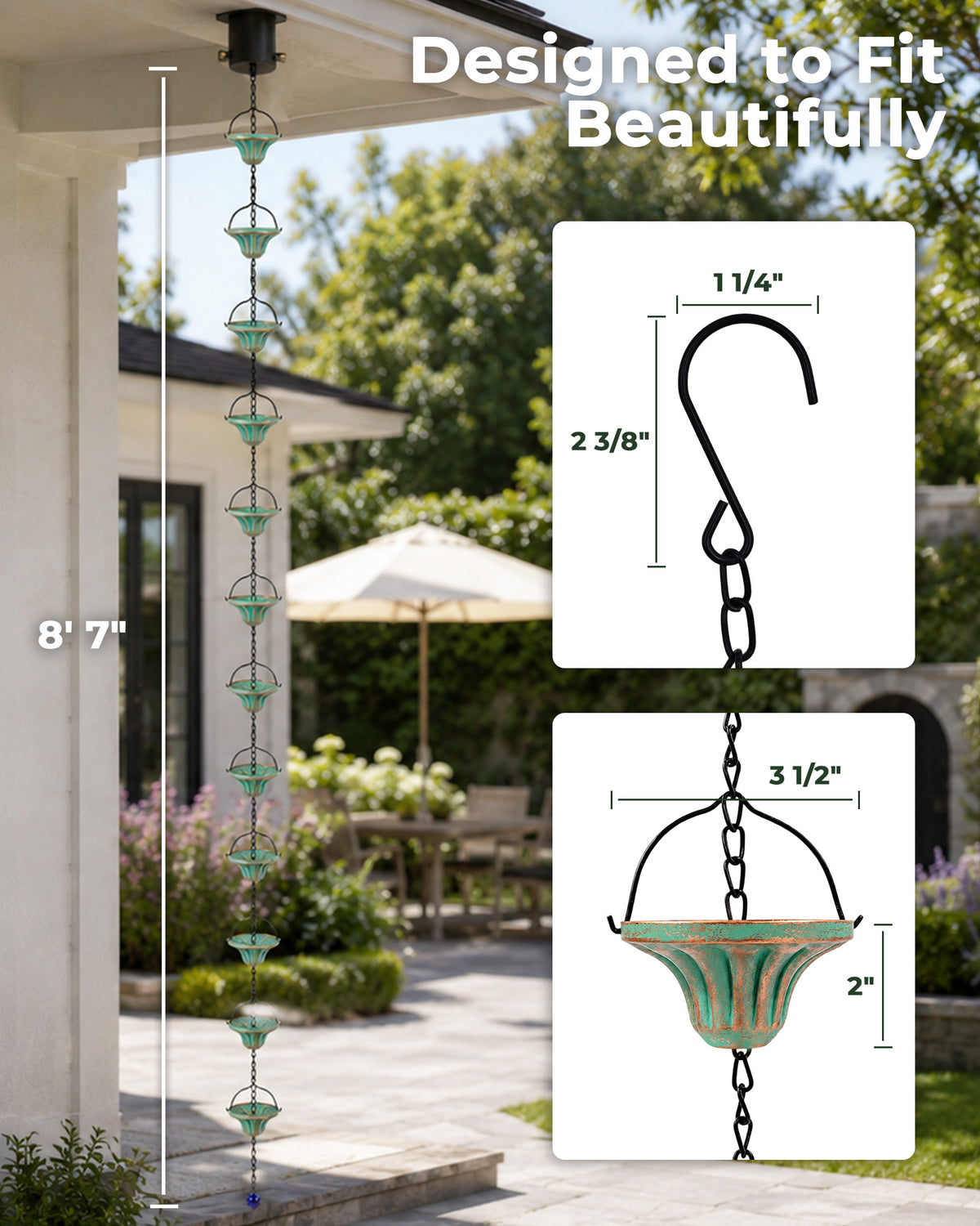 OUISJYER Metal Rain Chain for Gutters – 8.6 Ft, 12 Fluted Cups