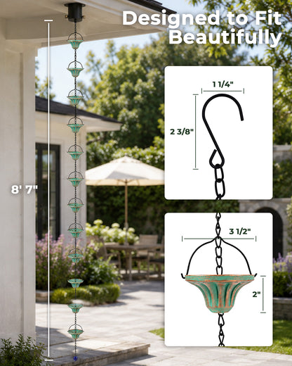 OUISJYER Metal Rain Chain for Gutters – 8.6 Ft, 12 Fluted Cups