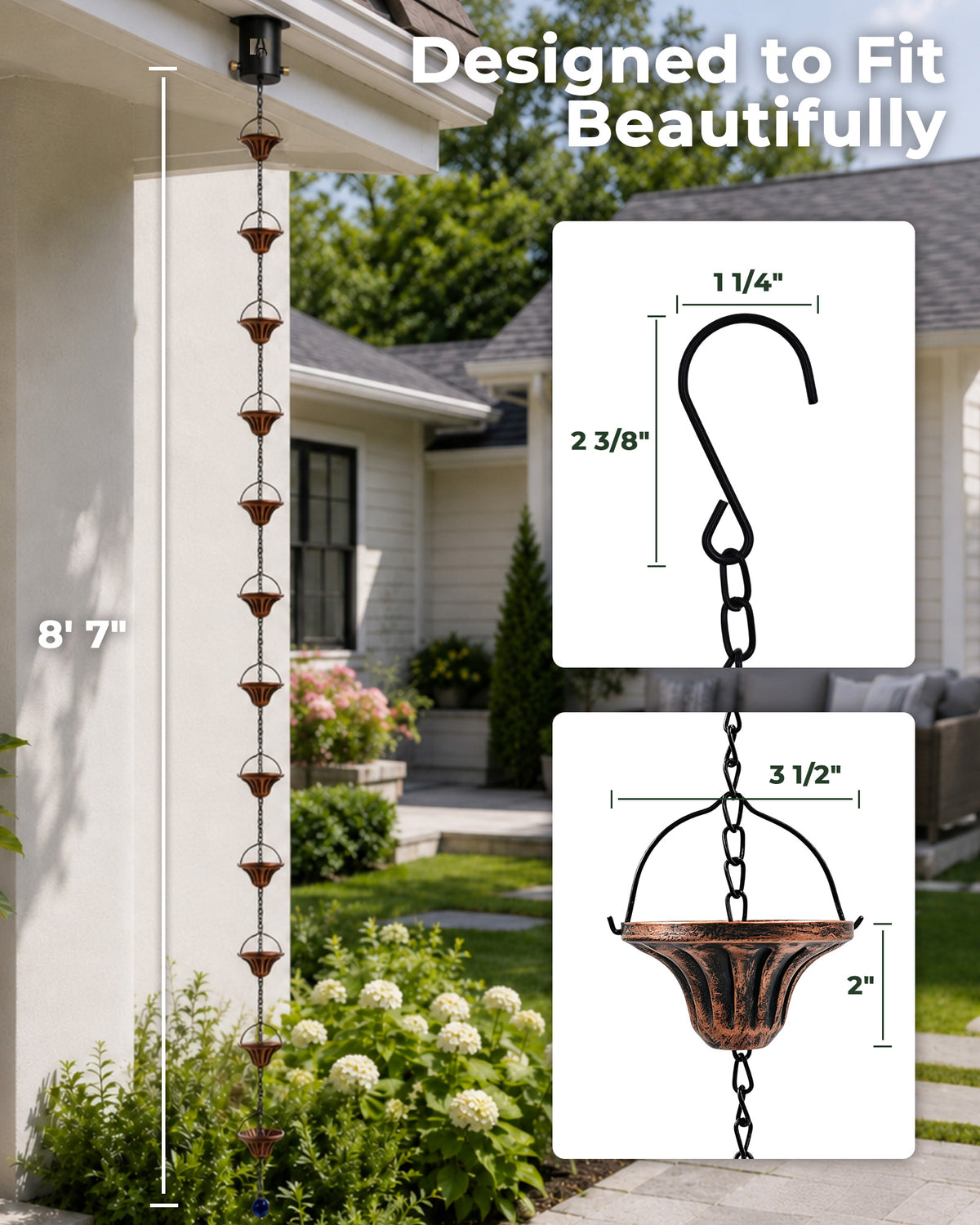 OUISJYER Copper Rain Chain for Gutters – 8.6 Ft, 12 Fluted Cups