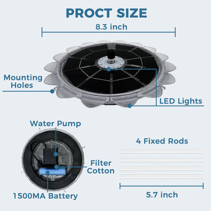 OUISJYER 6.3-inch Solar Bird Bath Fountain Pump - 5 Spray Nozzles