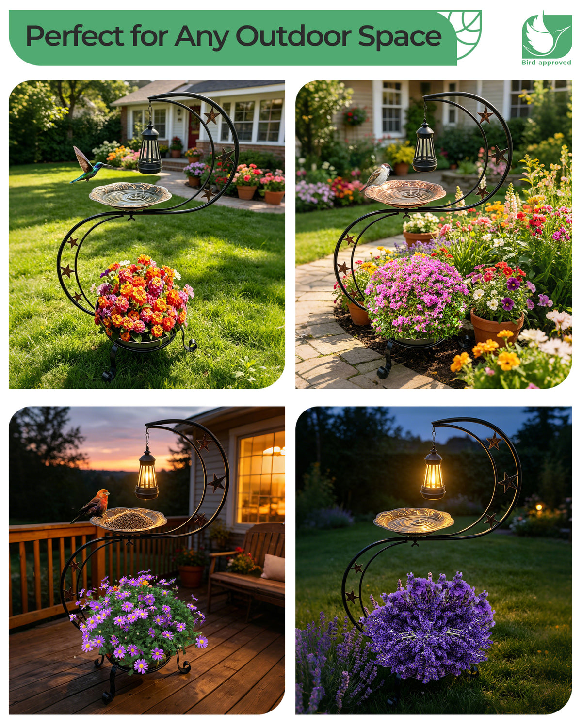 OUISJYER Solar Bird Bath with Flower Planter & Light – S-Shaped
