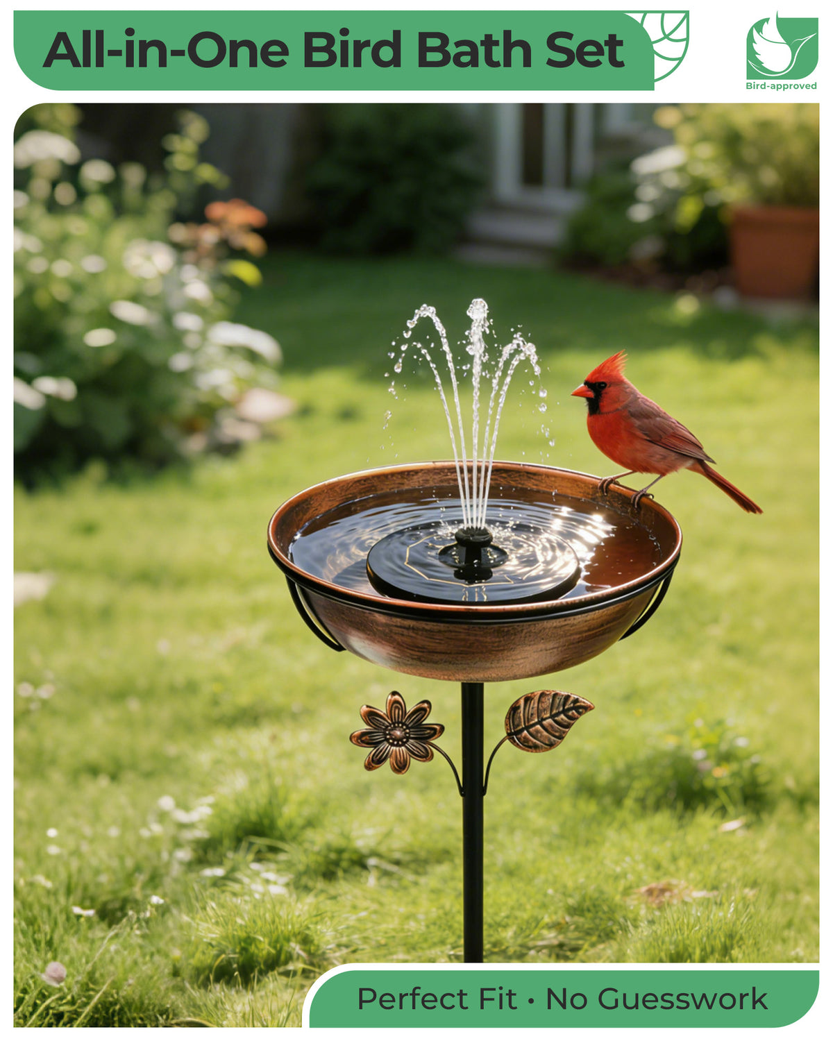 OUISJYER Metal Bird Bath with Solar Fountain & LED Lights – 12 Inch