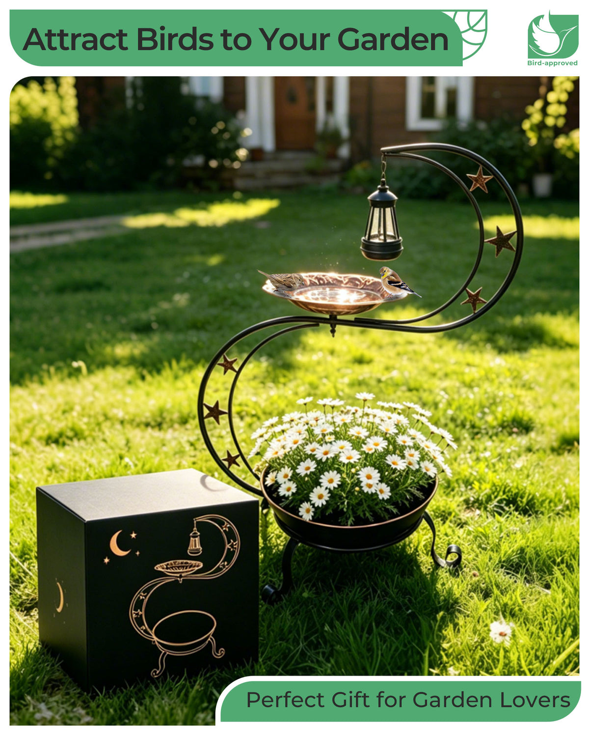 OUISJYER Solar Bird Bath with Flower Planter & Light – S-Shaped