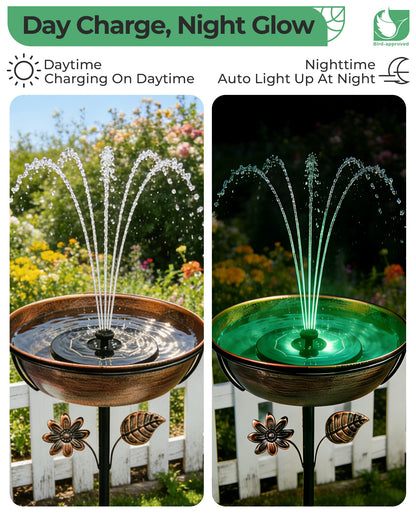 OUISJYER Metal Bird Bath with Solar Fountain & LED Lights – 12 Inch