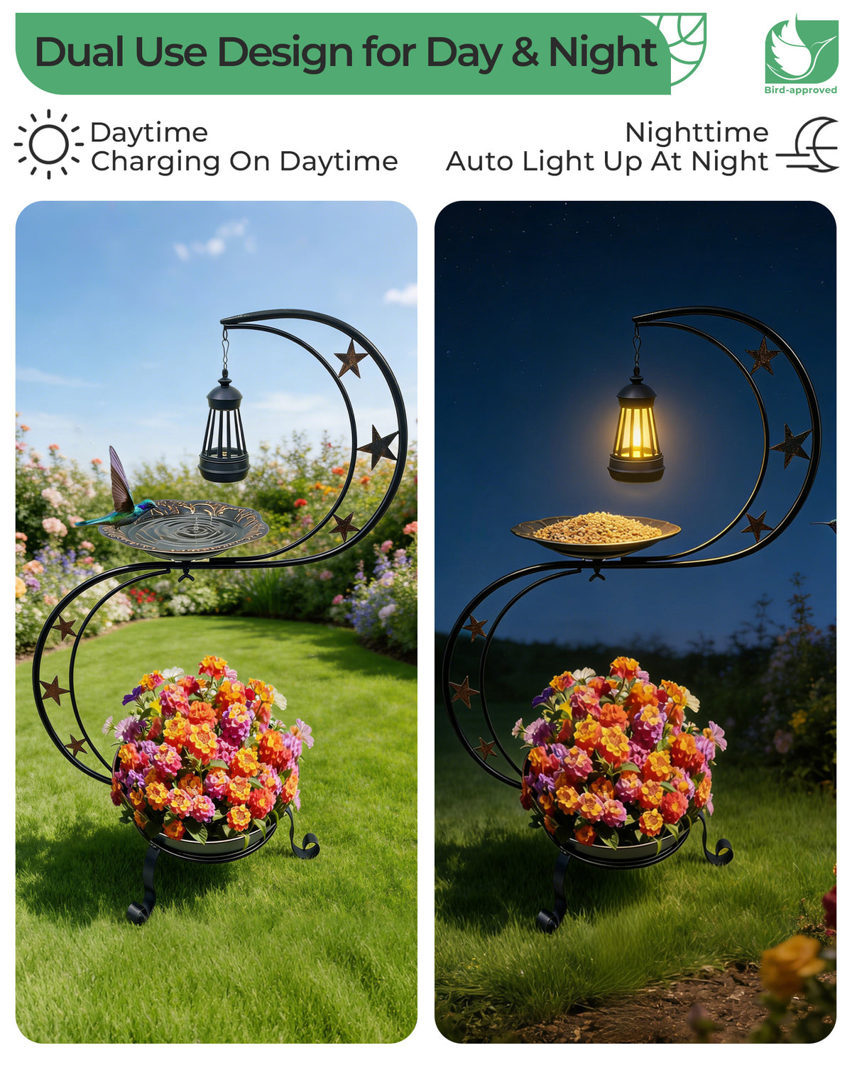 OUISJYER Solar Bird Bath with Flower Planter & Light – S-Shaped