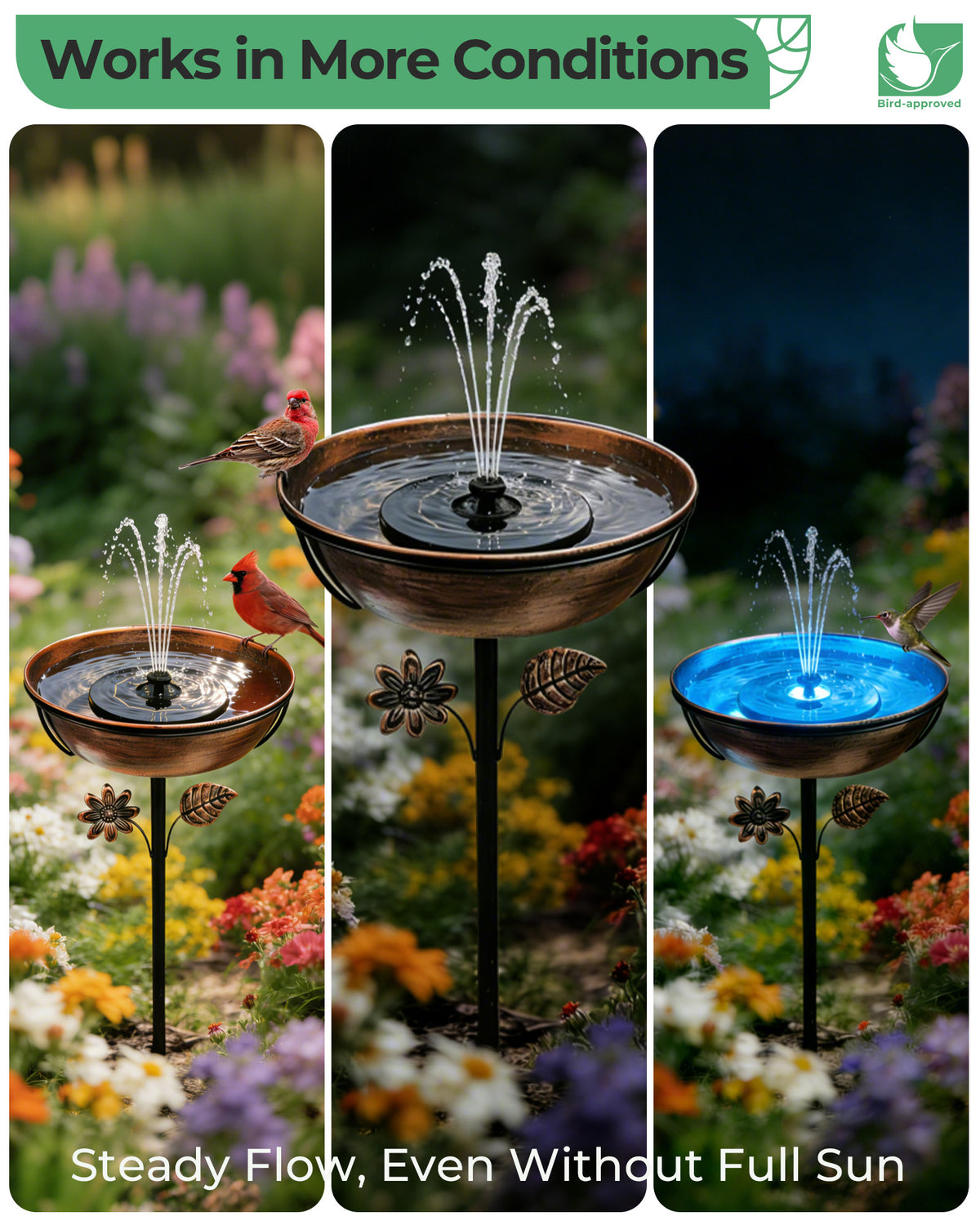 OUISJYER Metal Bird Bath with Solar Fountain & LED Lights – 12 Inch