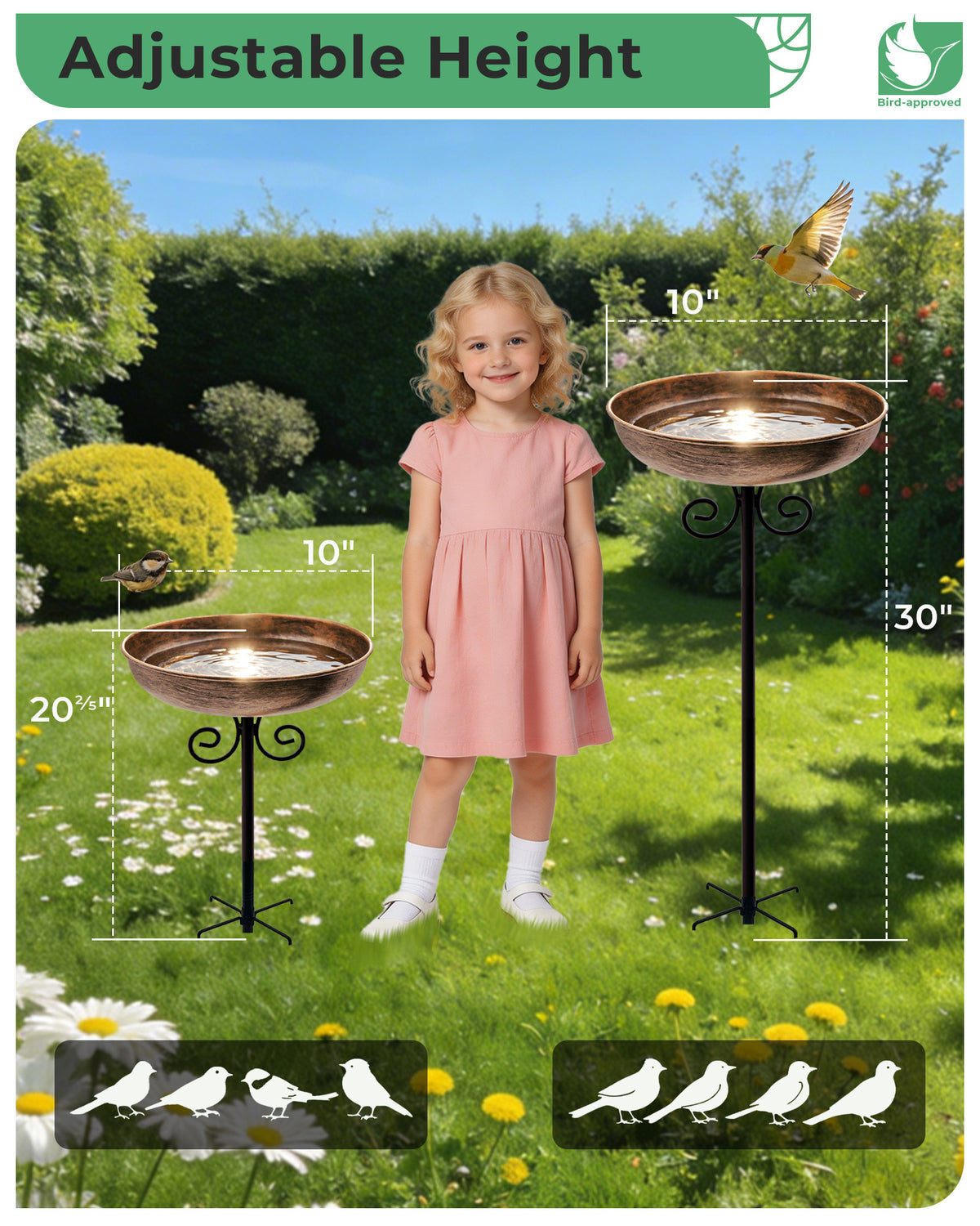 OUISJYER Small Metal Bird Bath with 5-Prong Stake – 10 Inch