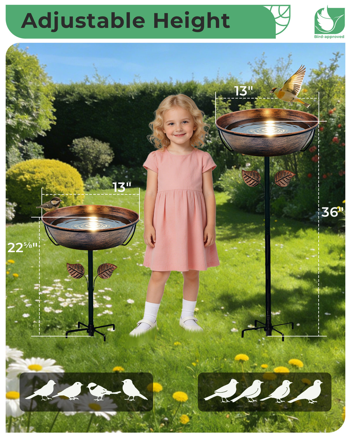 OUISJYER Deep Metal Bird Bath with 5-Prong Stake – 13 Inch