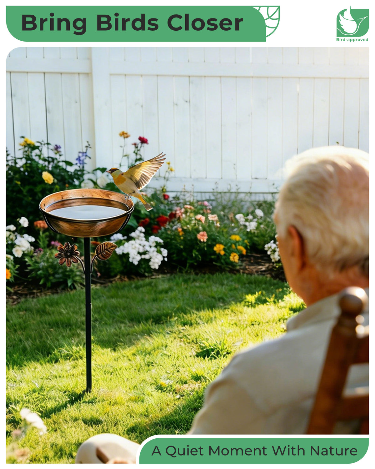 OUISJYER Deep Metal Bird Bath with 5-Prong Stake – 12 Inch