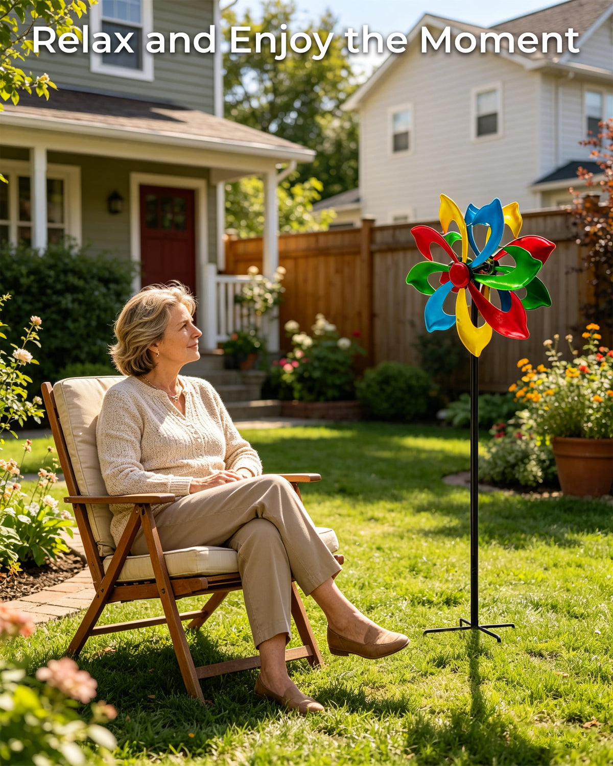 OUISJYER Colorful Metal Wind Spinner with Garden Stake – 13 Inch