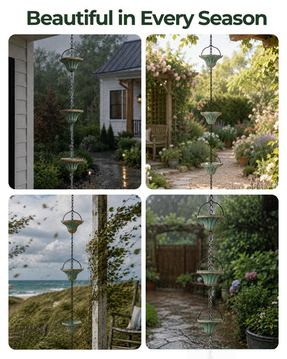 OUISJYER Metal Rain Chain for Gutters – 8.6 Ft, 12 Fluted Cups