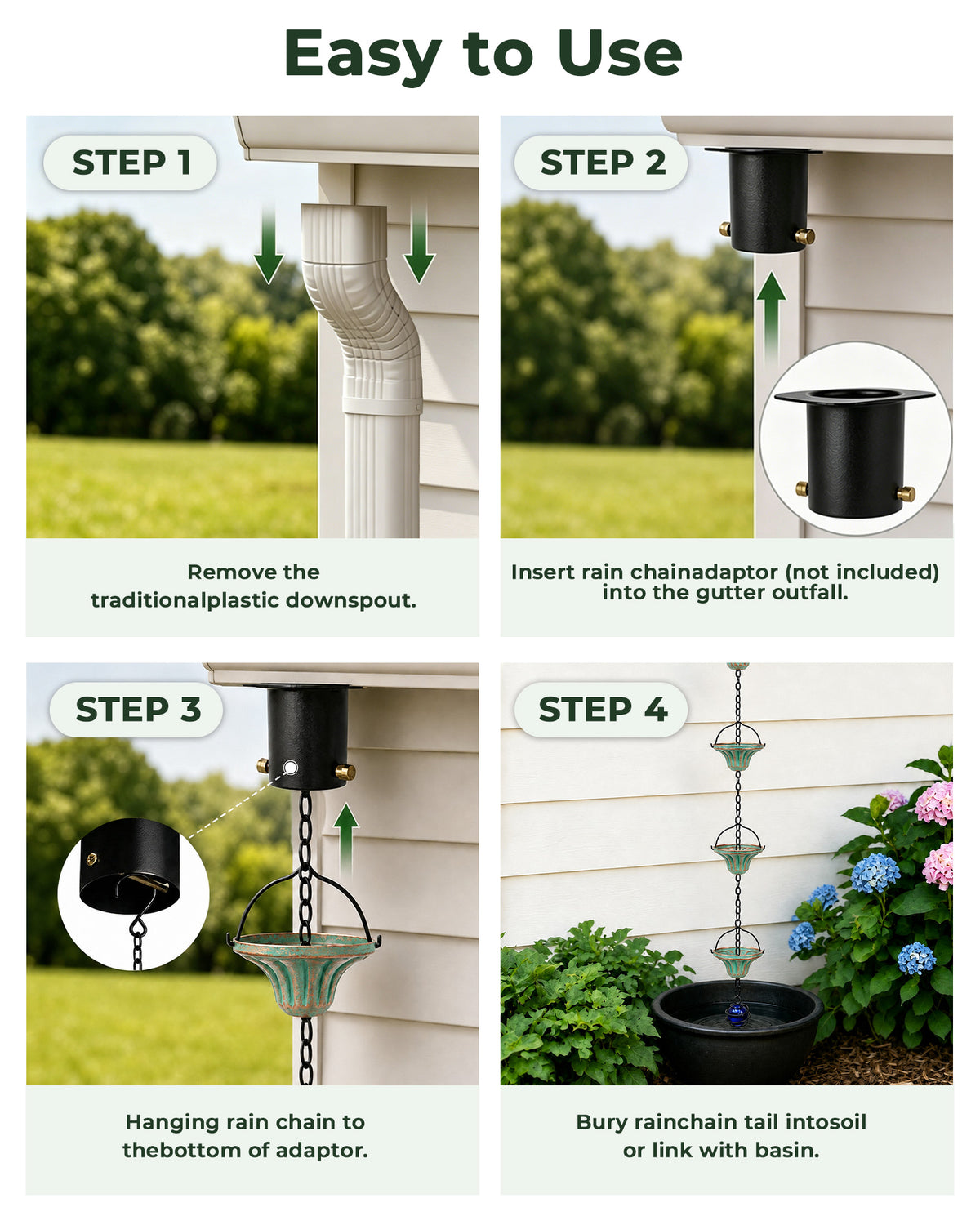OUISJYER Metal Rain Chain for Gutters – 8.6 Ft, 12 Fluted Cups