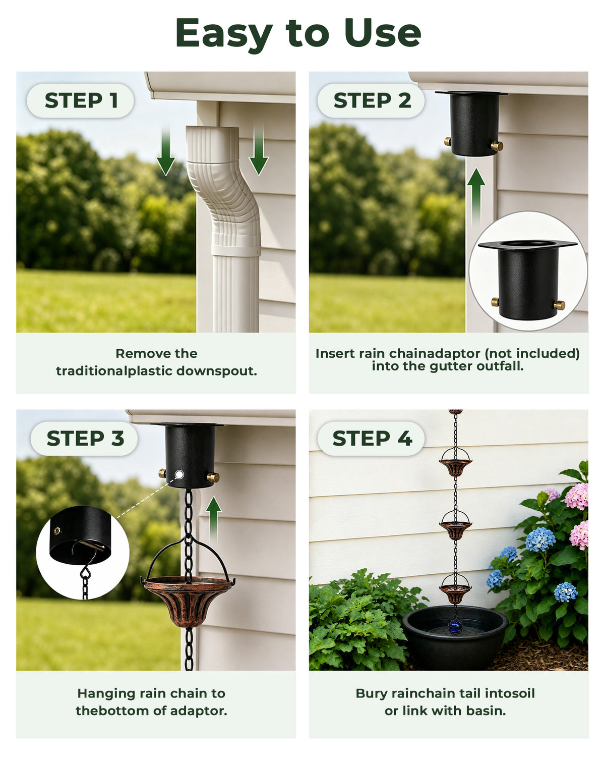 OUISJYER Copper Rain Chain for Gutters – 8.6 Ft, 12 Fluted Cups