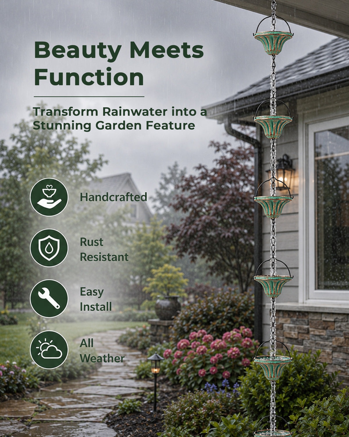 OUISJYER Metal Rain Chain for Gutters – 8.6 Ft, 12 Fluted Cups