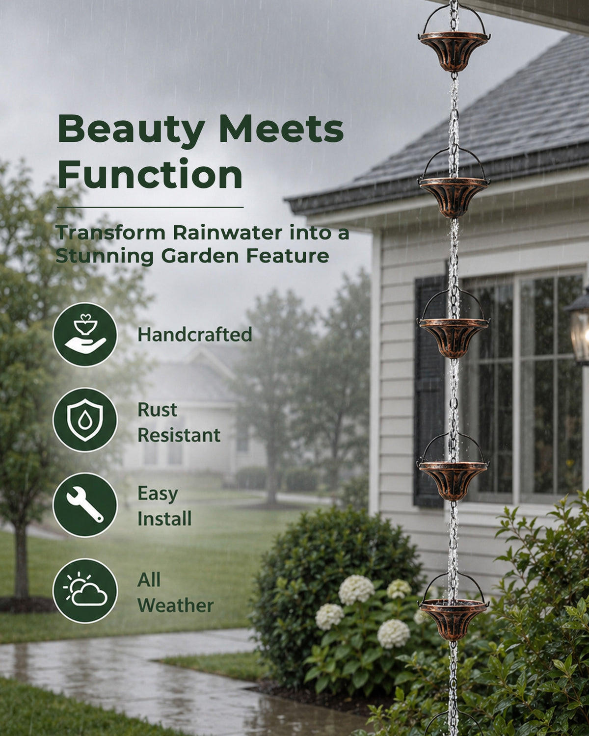 OUISJYER Copper Rain Chain for Gutters – 8.6 Ft, 12 Fluted Cups