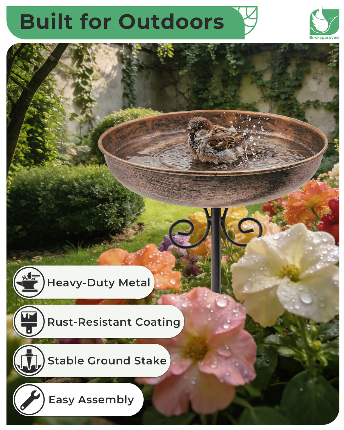 OUISJYER Small Metal Bird Bath with 5-Prong Stake – 10 Inch
