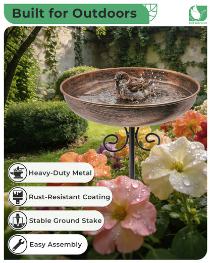OUISJYER Small Metal Bird Bath with 5-Prong Stake – 10 Inch