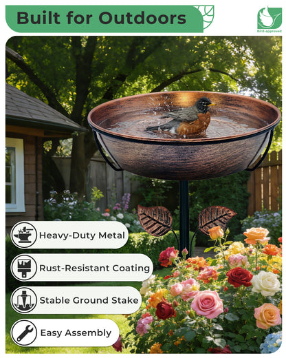 OUISJYER Deep Metal Bird Bath with 5-Prong Stake – 13 Inch