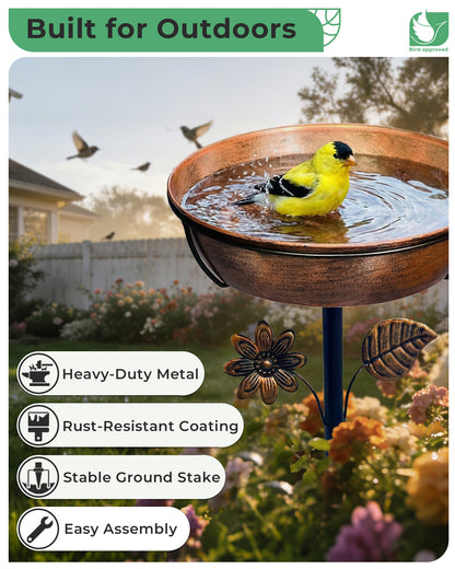OUISJYER Deep Metal Bird Bath with 5-Prong Stake – 12 Inch
