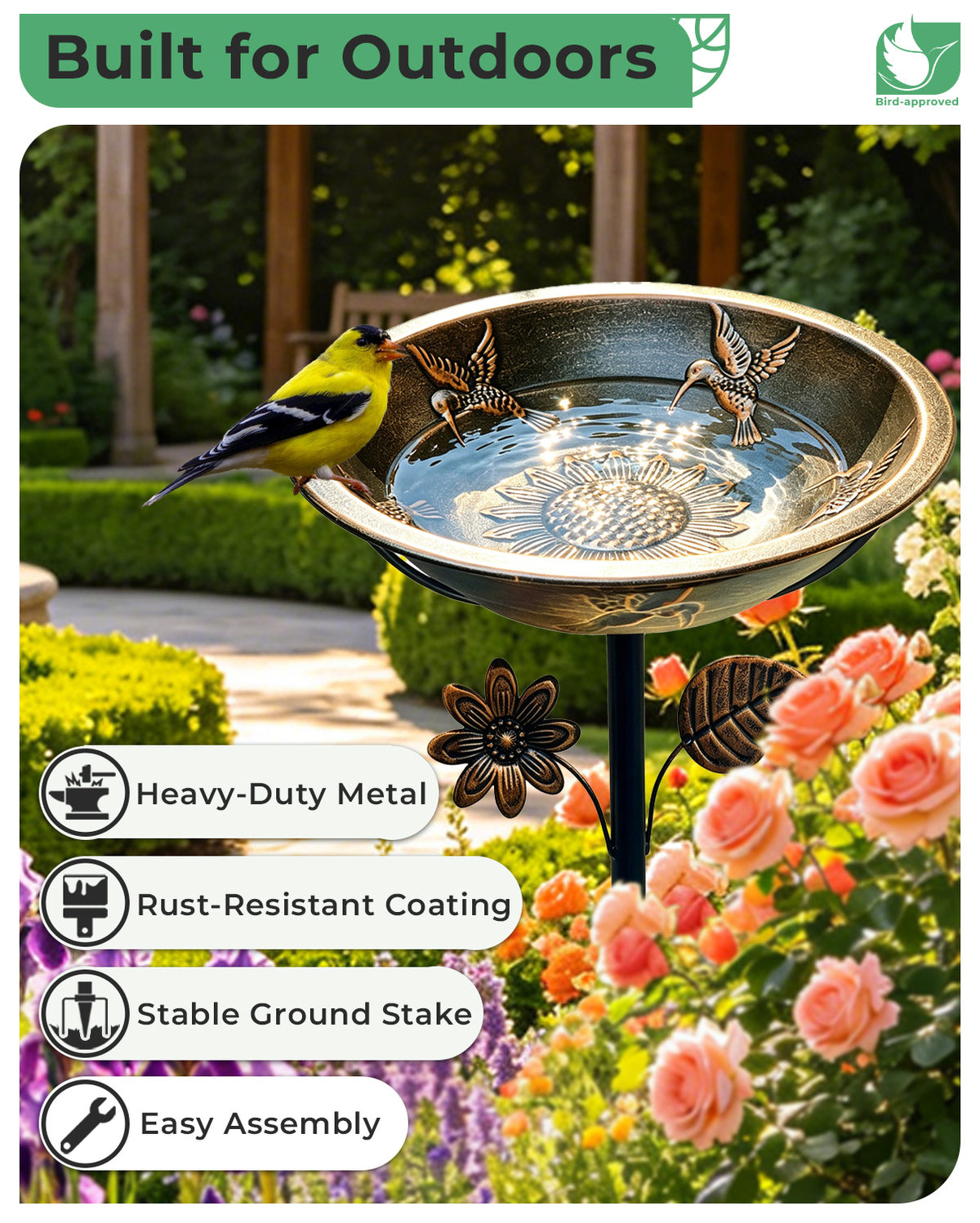 OUISJYER Hummingbird Metal Bird Bath with Stake – 13 Inch