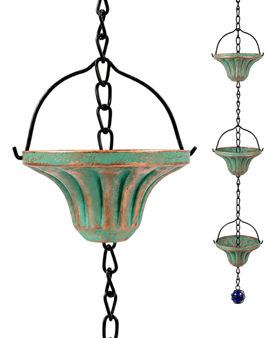 OUISJYER Metal Rain Chain for Gutters – 8.6 Ft, 12 Fluted Cups
