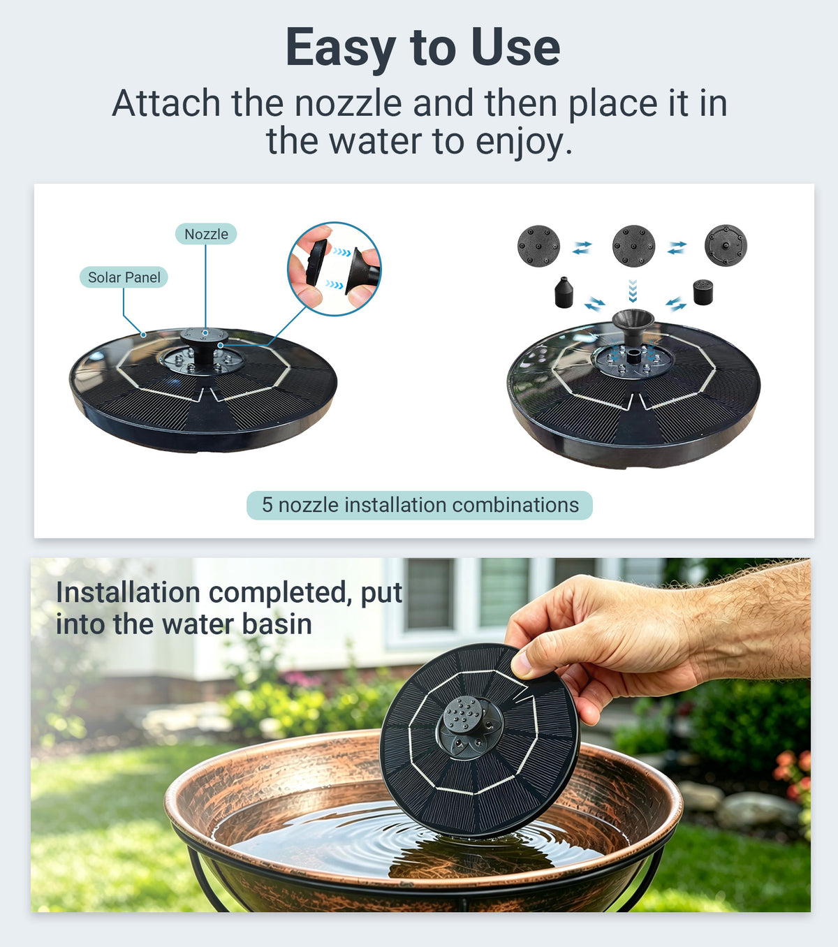 OUISJYER Solar Bird Bath Fountain with Color LED Lights – 6.3 Inch