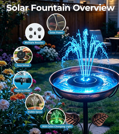 OUISJYER Solar Bird Bath Fountain with Color LED Lights – 6.3 Inch